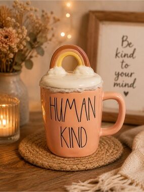 RAE  DUNN HUMAN KIND COFFEE MUG WITH RAINBOW TOPPER